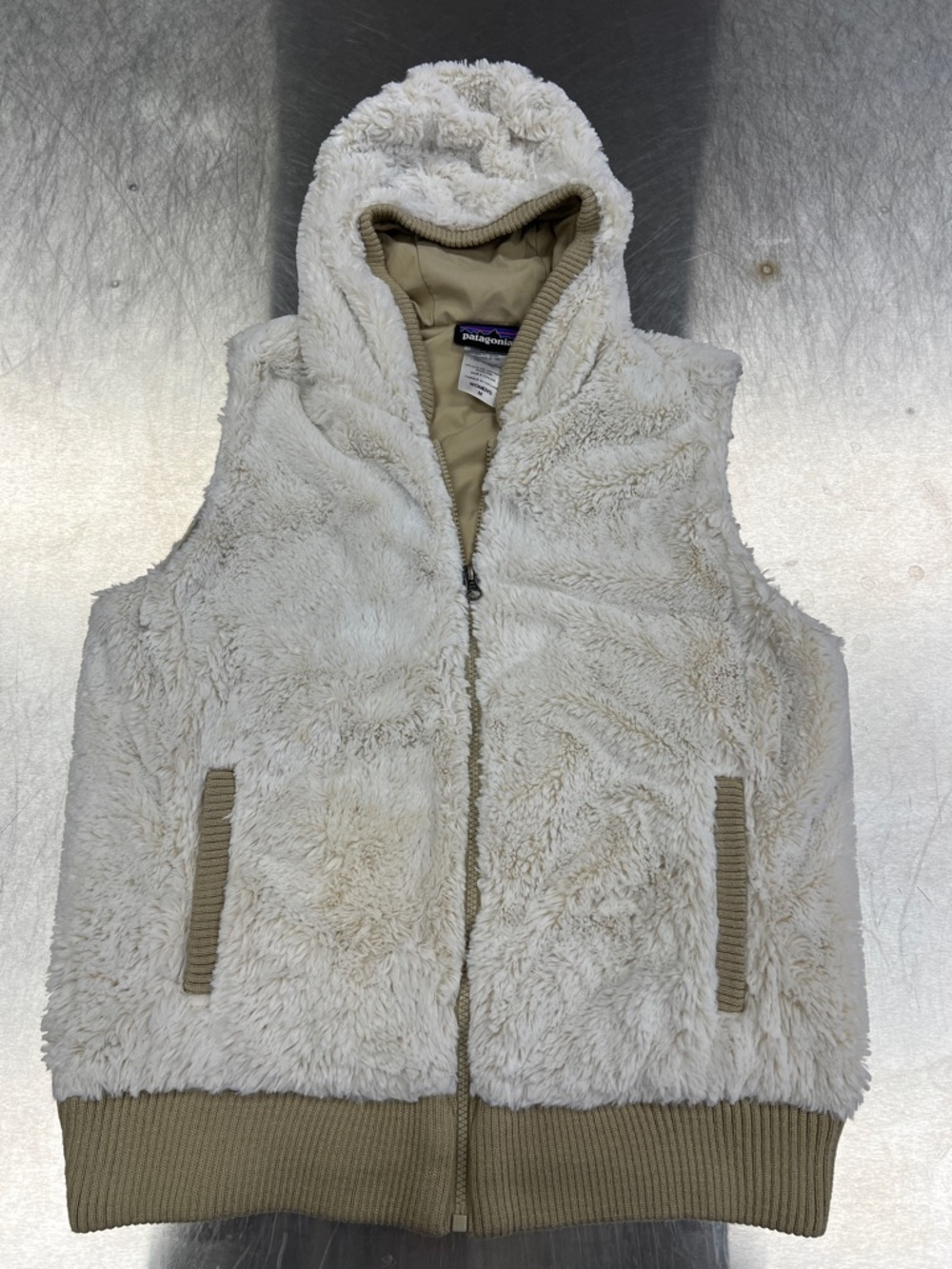Patagonia Cream and Tan Hooded Sherpa Vest